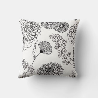 Black and White Hand-Drawn Floral SketThrow Pillow Kudde