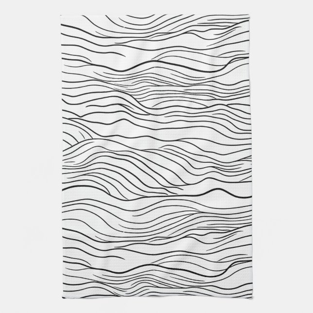 Black and White Hand-Drawn Wavy Line Pattern Kökshandduk (Vertikal)