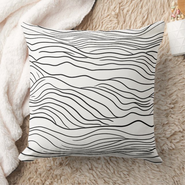 Black and White Hand-Drawn Wavy Line Pattern Kudde (Filt)
