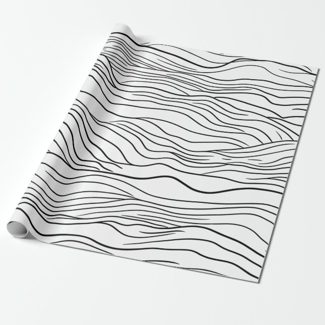 Black and White Hand-Drawn Wavy Line Pattern Presentpapper (Utrullad)