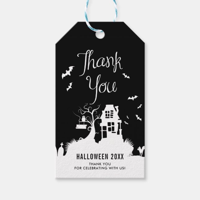 Black and White Haunted House Halloween Tack Presentetikett (Framsidan)