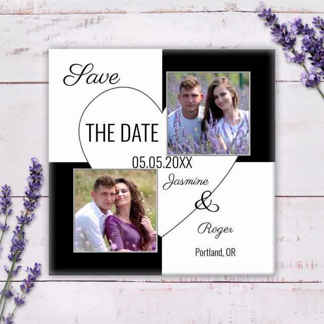 Black and White Heart Photo Spara datum magneter (Save the Date magnet featuring your own photos framed by a checkered black and white heart design.)