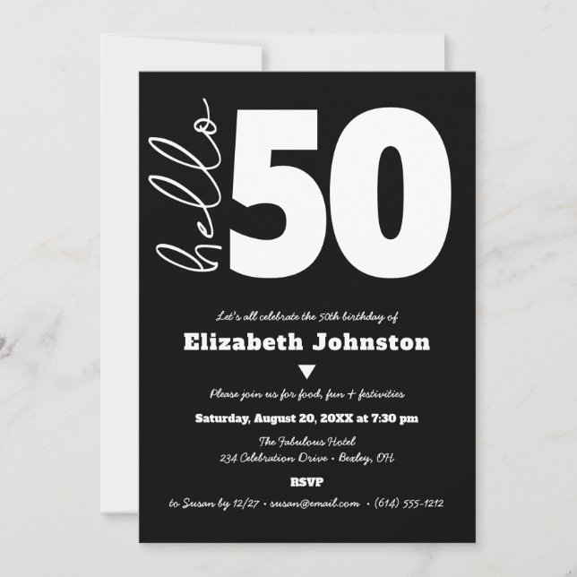 Black and White Hello 50 Fabulous Birthday Bold Inbjudningar (Framsida)