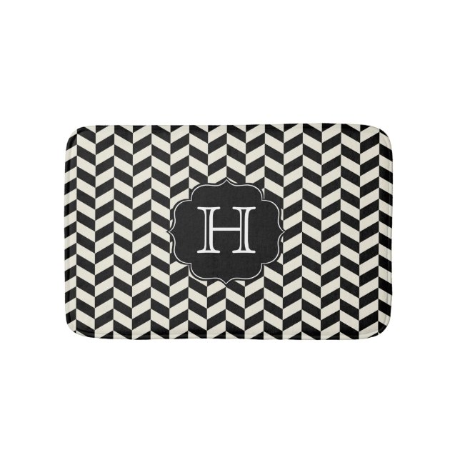 Black and White Herringbone Patter med Monogram Badrumsmatta (Framsidan)