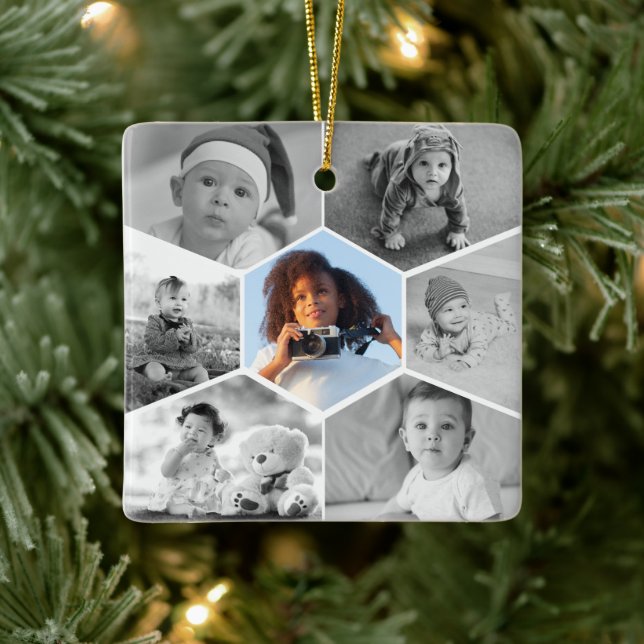 Black and White Hexagon Photo Collage Julgransprydnad Keramik (Träd)