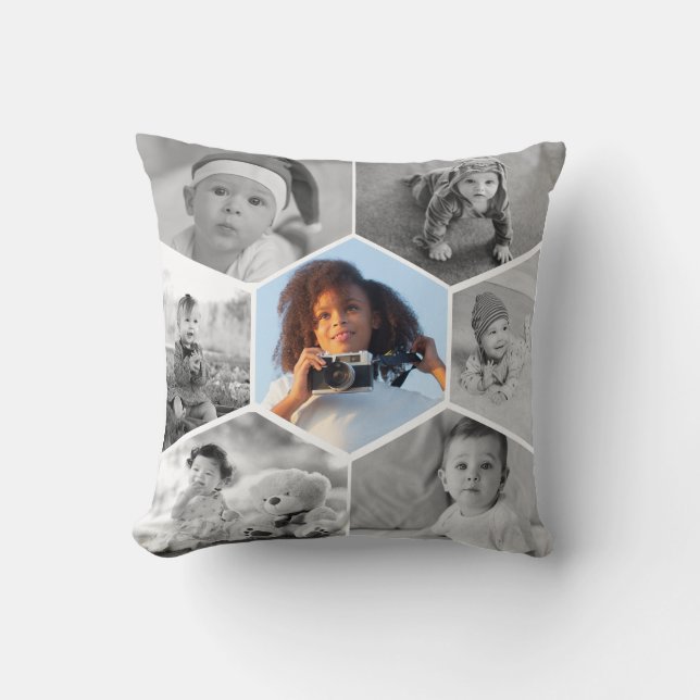 Black and White Hexagon Photo Collage Kudde (Framsida)