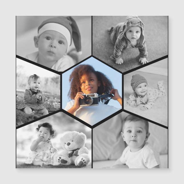 Black and White Hexagon Photo Collage Magnetisk Inbjudningskort (Framsida)