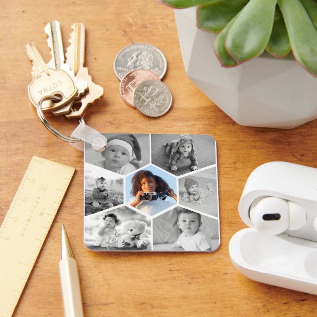 Black and White Hexagon Photo Collage Nyckelring (Skrivbord)