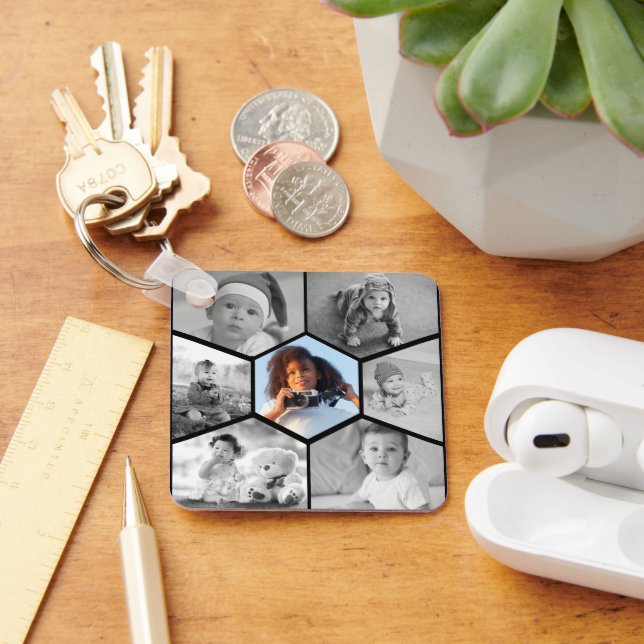 Black and White Hexagon Photo Collage Nyckelring (Skrivbord)
