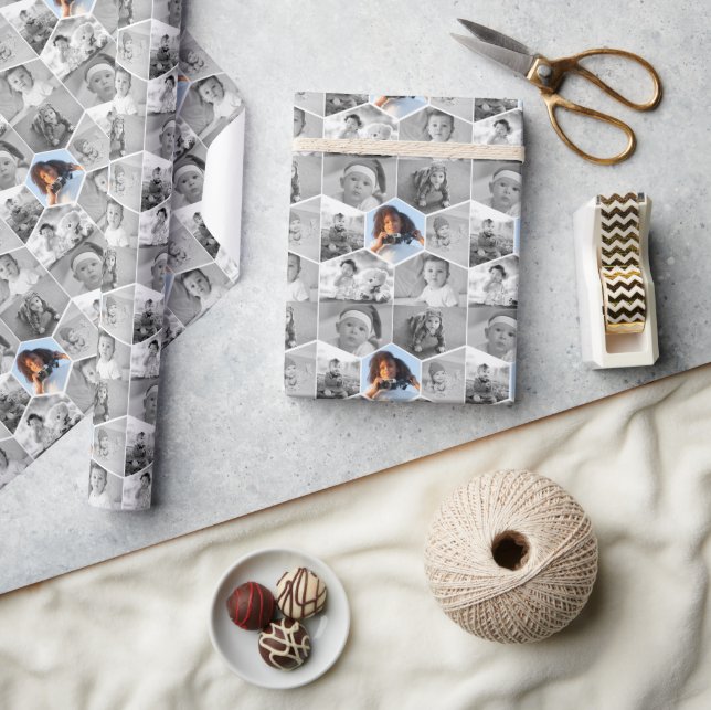 Black and White Hexagon Photo Collage Presentpapper (Hantverk)