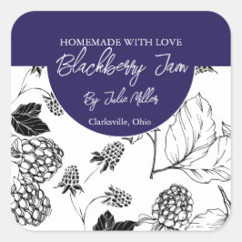 Black and White Homemade Blackberry Sylt-etikett Fyrkantigt Klistermärke