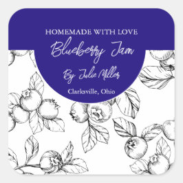 Black and White Homemade Blueberry Sylt-etikett Fyrkantigt Klistermärke