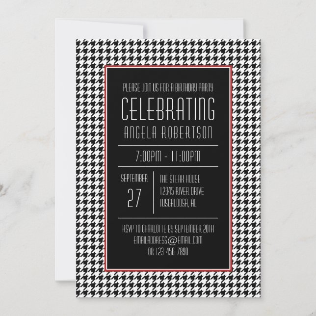 Black and White Houndstooth Birthday Inbjudningar (Framsida)