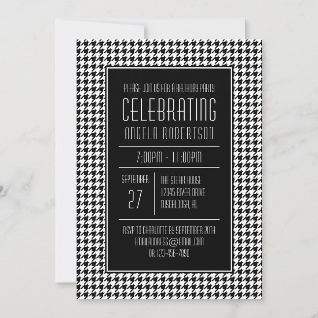 Black and White Houndstooth Birthday Inbjudningar (Framsida)