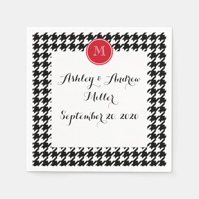Black and White Houndstooth Red Monogram Pappersservett (Framsidan)