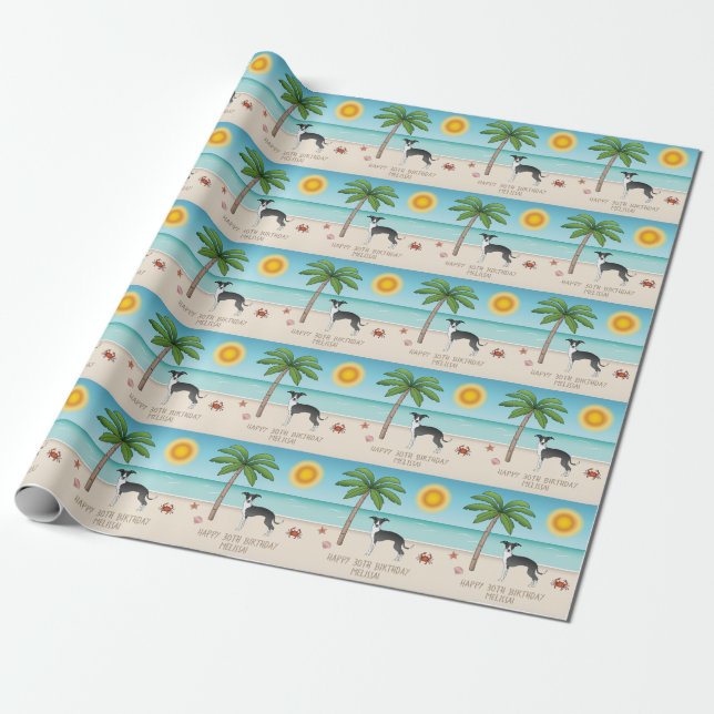 Black and White Iggy Hund vid Tropical Summer Beac Presentpapper (Utrullad)