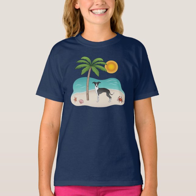 Black and White Iggy Hund vid Tropical Summer Beac T Shirt (Framsida)