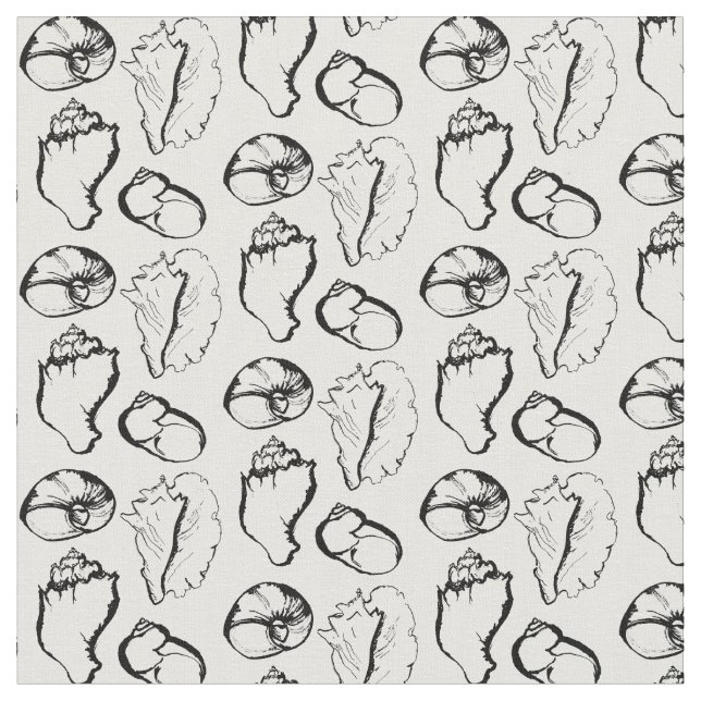 Black and White Illustrated Seashell Mönster Tyg (Närbild)