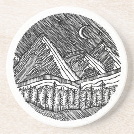 Black and White Ink-Drawn Round Alp Landscape Underlägg