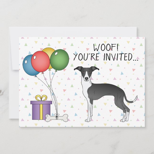 Black and White Italy Greyhound Hund Birthday Inbjudningar (Framsida)