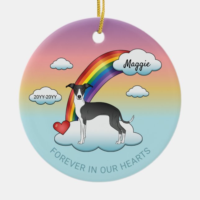 Black and White Italy Greyhound Rainbow Memorial Julgransprydnad Keramik (Framsidan)