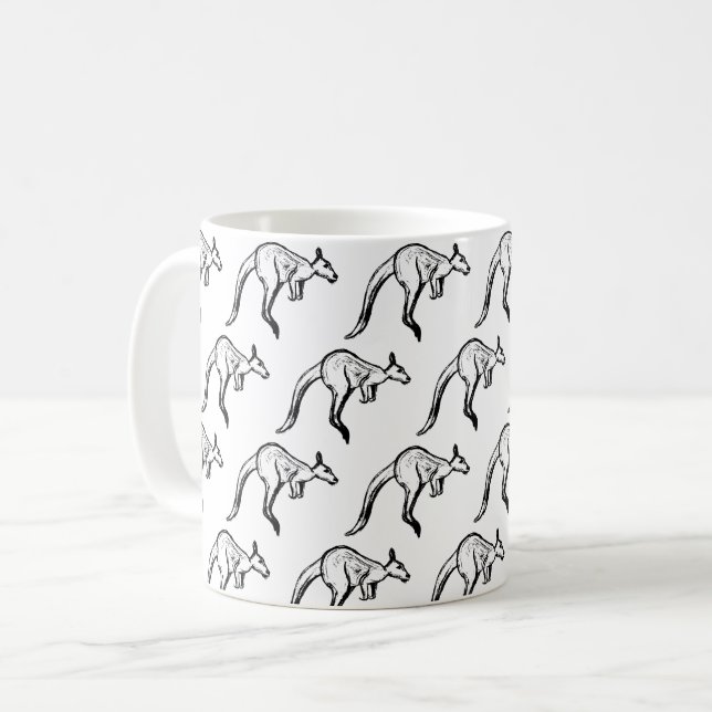 Black and White Jumping Kangaroo Sketch Kaffemugg (Framsida vänster)