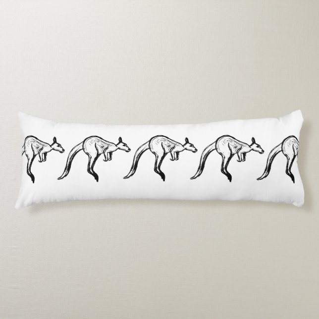 Black and White Jumping Kangaroo Sketch Kroppskudde (Framsidan)
