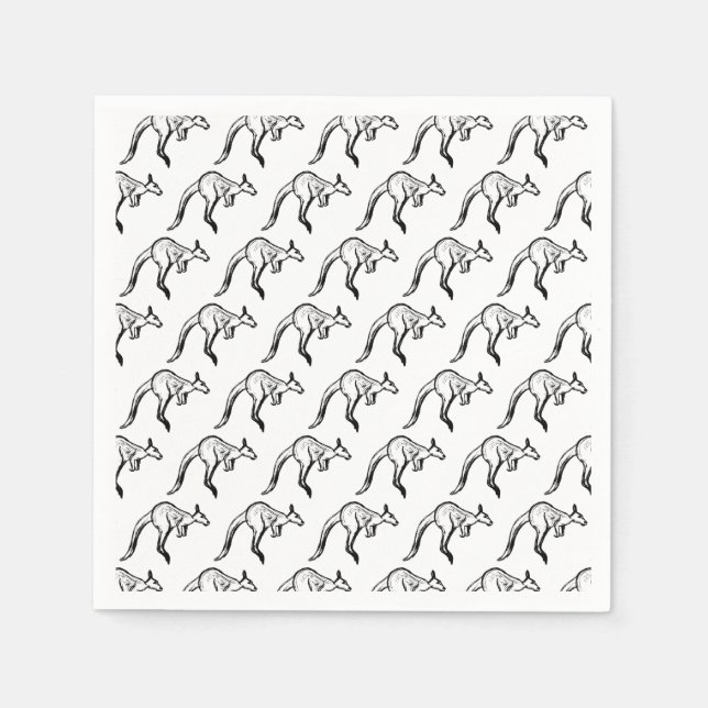 Black and White Jumping Kangaroo Sketch Mönster Pappersservett (Framsidan)
