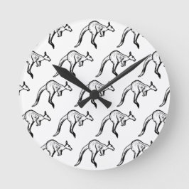 Black and White Jumping Kangaroo Sketch Rund Klocka