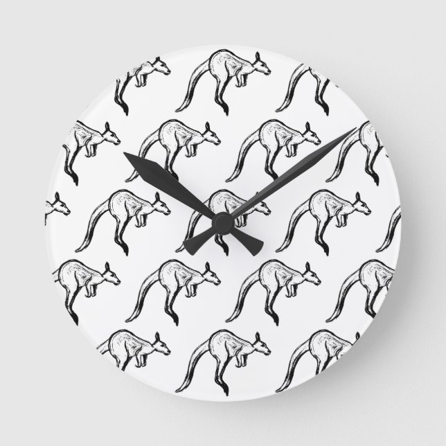 Black and White Jumping Kangaroo Sketch Rund Klocka (Framsida)