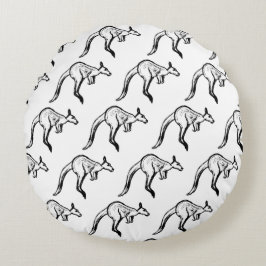 Black and White Jumping Kangaroo Sketch Rund Kudde