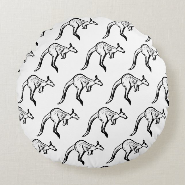 Black and White Jumping Kangaroo Sketch Rund Kudde (Framsidan)