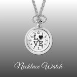 Black and white Kärlek Necklace Watch Armbandsur<br><div class="desc">Necklace Watch-gåva. Med ord "kärlek" och en hjärtform som ersätter brev O. Black and white</div>