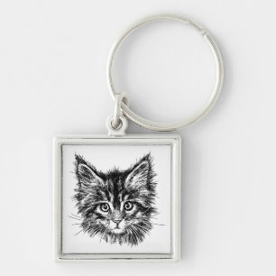 Black and White Kitten Ansikte Fyrkantig Silverfärgad Nyckelring
