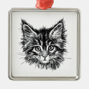 Black and White Kitten Ansikte Julgransprydnad Metall