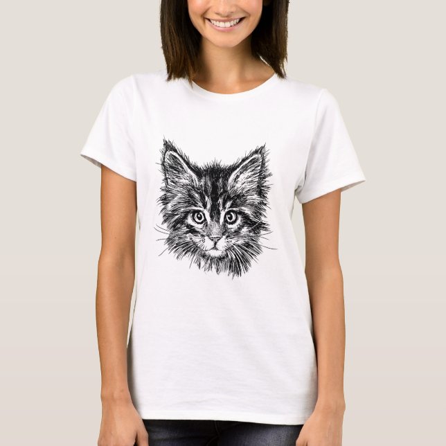 Black and White Kitten Ansikte T Shirt (Framsida)