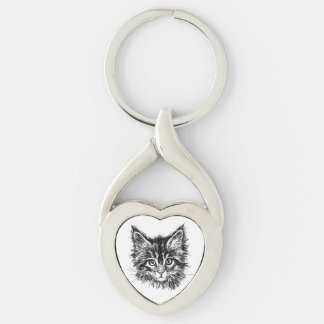 Black and White Kitten Ansikte Twisted Heart Silverfärgad Nyckelring