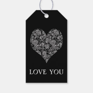 Black and White Lacy Damask Heart Presentetikett