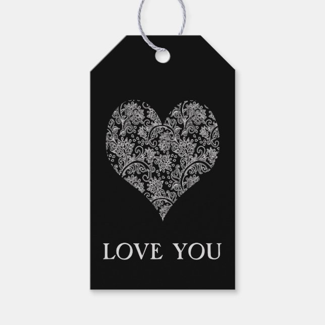 Black and White Lacy Damask Heart Presentetikett (Framsidan)