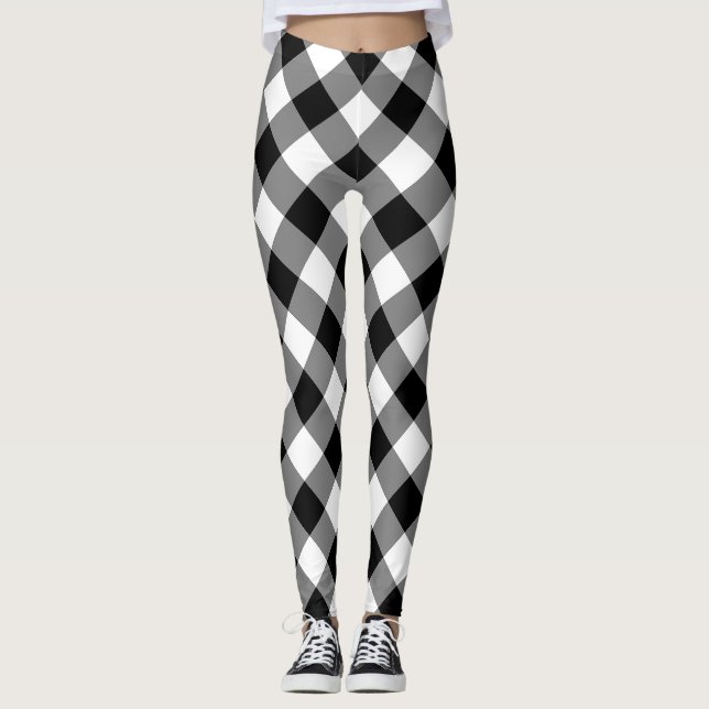Black and White Large Storlek Diagonal Gingham Che Leggings (Framsida)