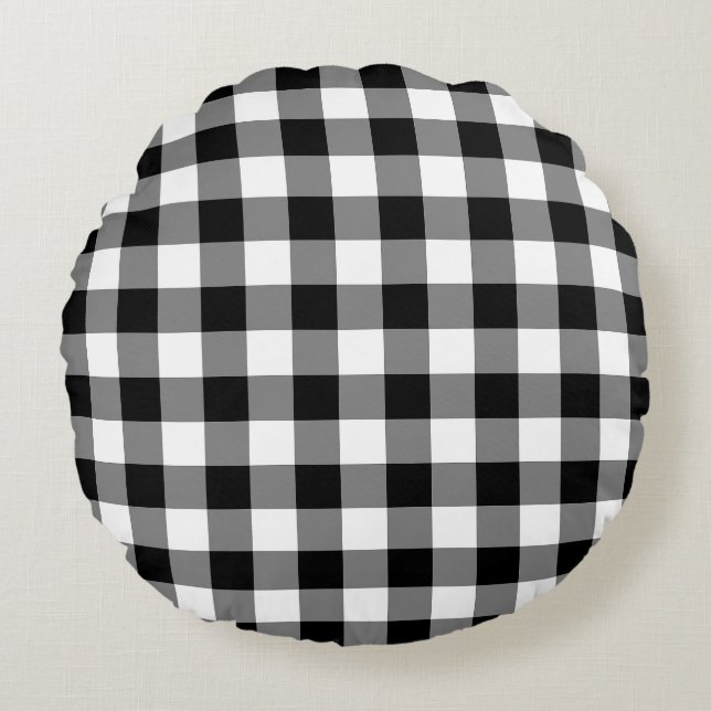 Black and White Large Storlek Gingham Checks Rund Kudde (Framsidan)