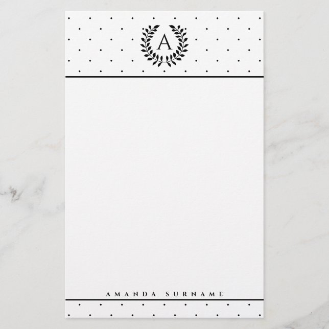 Black And White Laurel Monogram Polka Dot Pattern Brevpapper (Framsida)