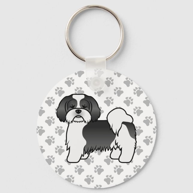 Black and White Lhasa Apso Cute Tecknad hund Nyckelring (Framsida)