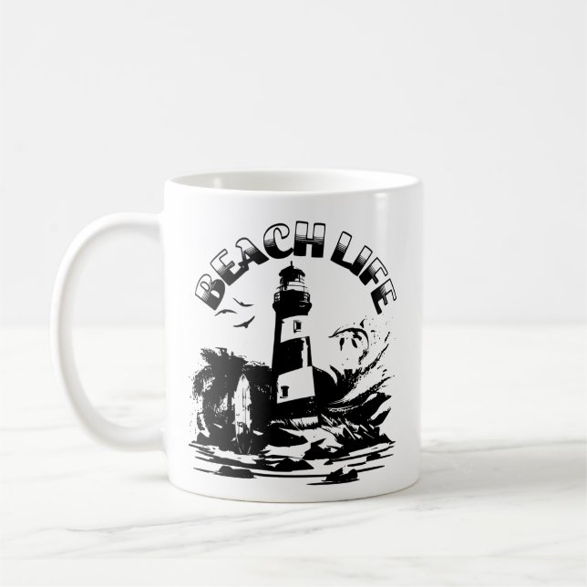 Black and White Lighthouse Beach Life Kaffemugg (Vänster)