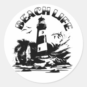 Black and White Lighthouse Beach Life Runt Klistermärke