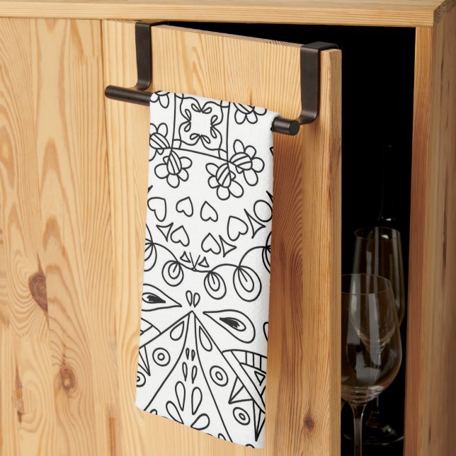 Black and White Line Art Mönster Kitchen Towel Kökshandduk (Thirds Fold)