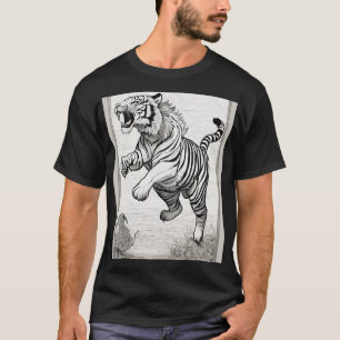 Black and White Line Teckning: Tiger Jumping and P T Shirt