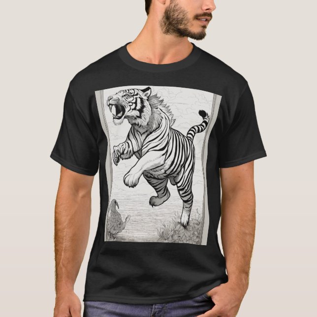 Black and White Line Teckning: Tiger Jumping and P T Shirt (Framsida)