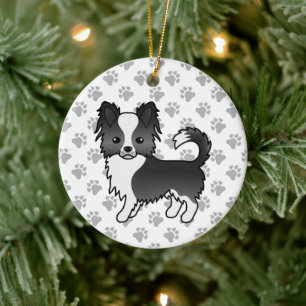 Black And White Long Coat Chihuahua Dog & Paws Julgransprydnad Keramik