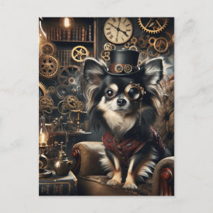 Black and White Long-Hearing Steampunk Chihuahua Vykort